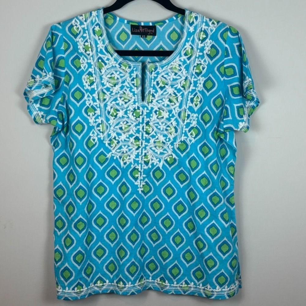 Liza Byrd Womens Blue Cotton Embroidered‎ Short Sleeve Boho Blouse XS Resortwear